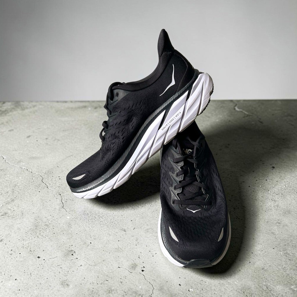HOKA Clifton 9 Men’s Black/White Knit Low Top Lace-Up Sneakers 1127895-BWHT